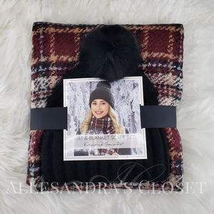 Emanuel Geraldo Hat & Scarf Set Black Red Plaid Blanket Scarf & Black Outdoor